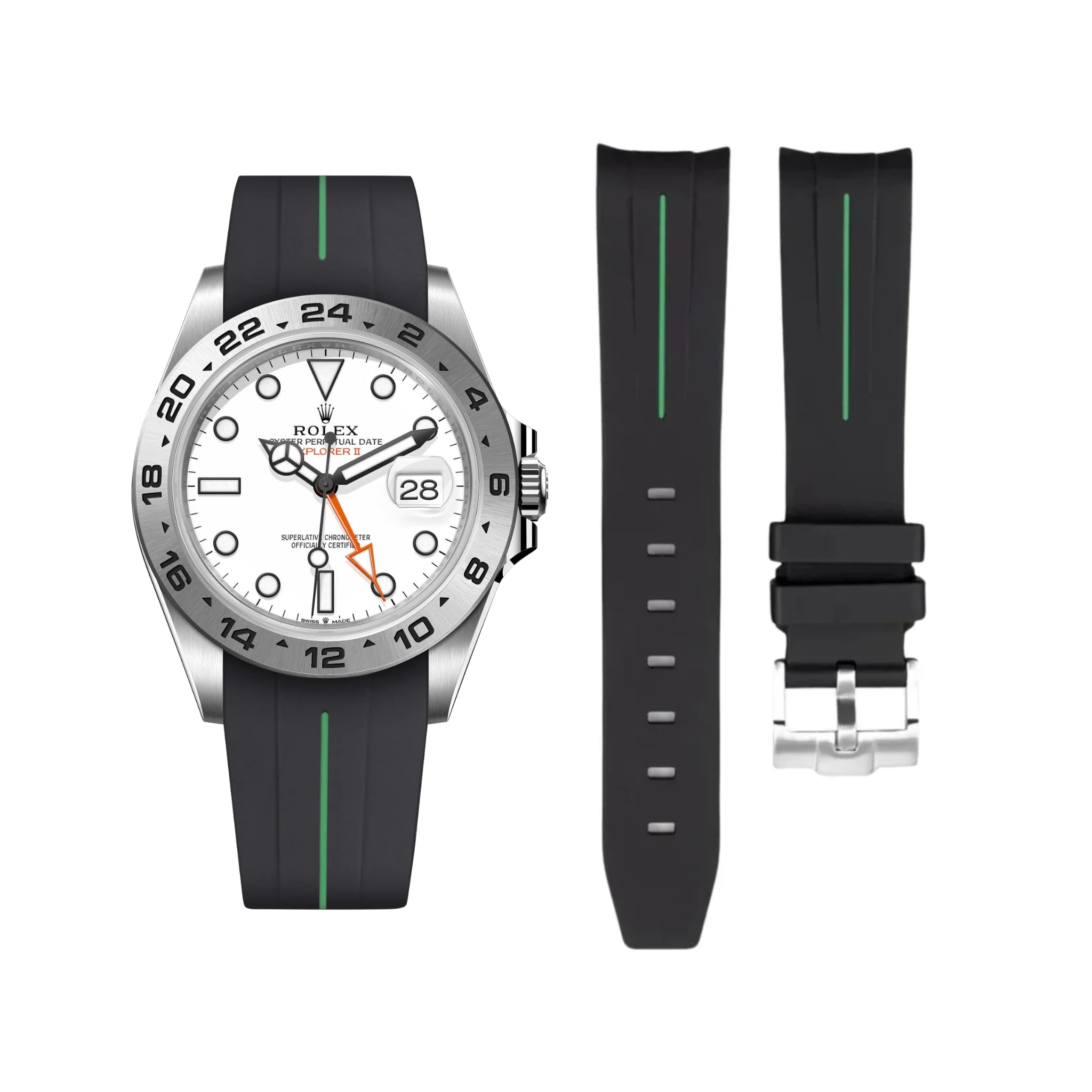 Rubber Strap - For Rolex Explorer II - Black w/Green Line | LuxLine® - Helvetus