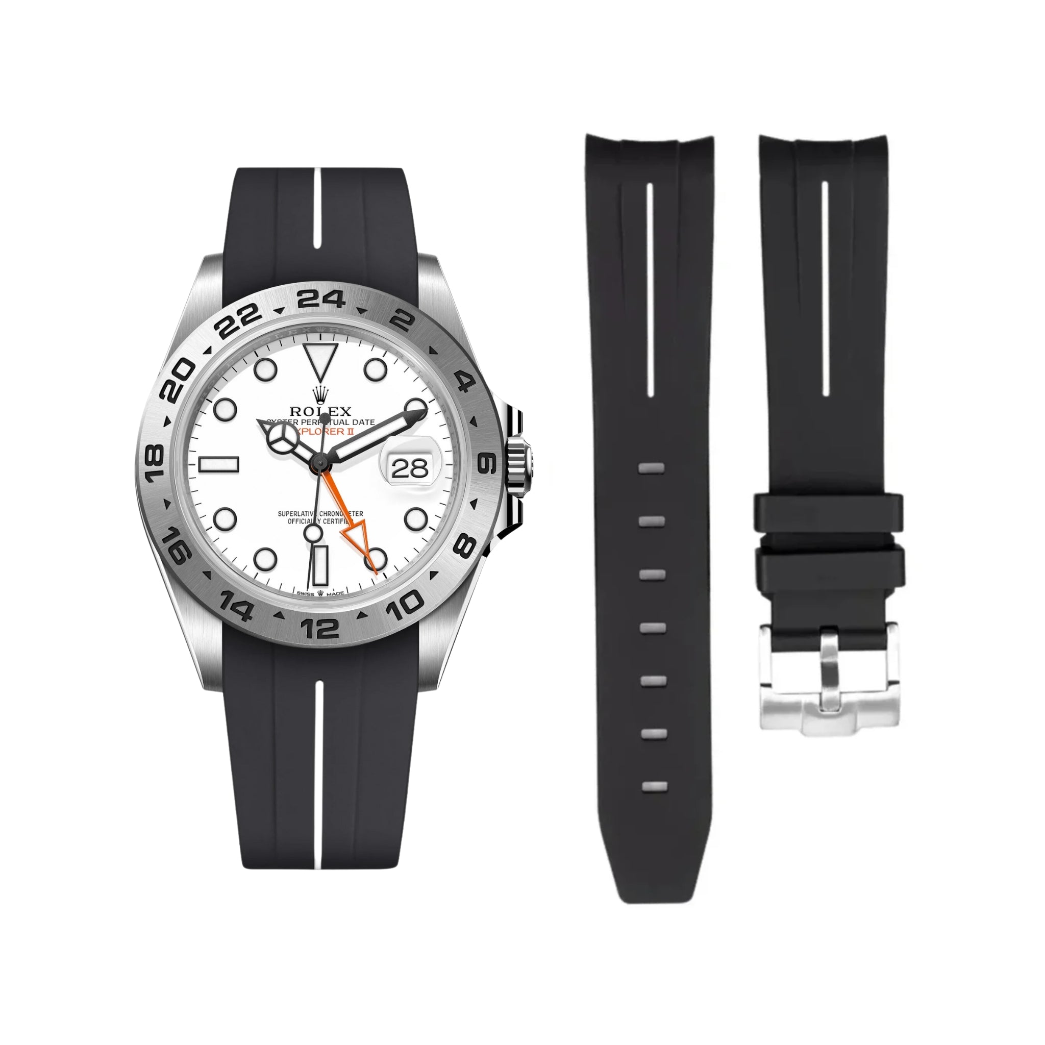 Rubber Strap - For Rolex Explorer II - Black w/White Line | LuxLine® - Helvetus