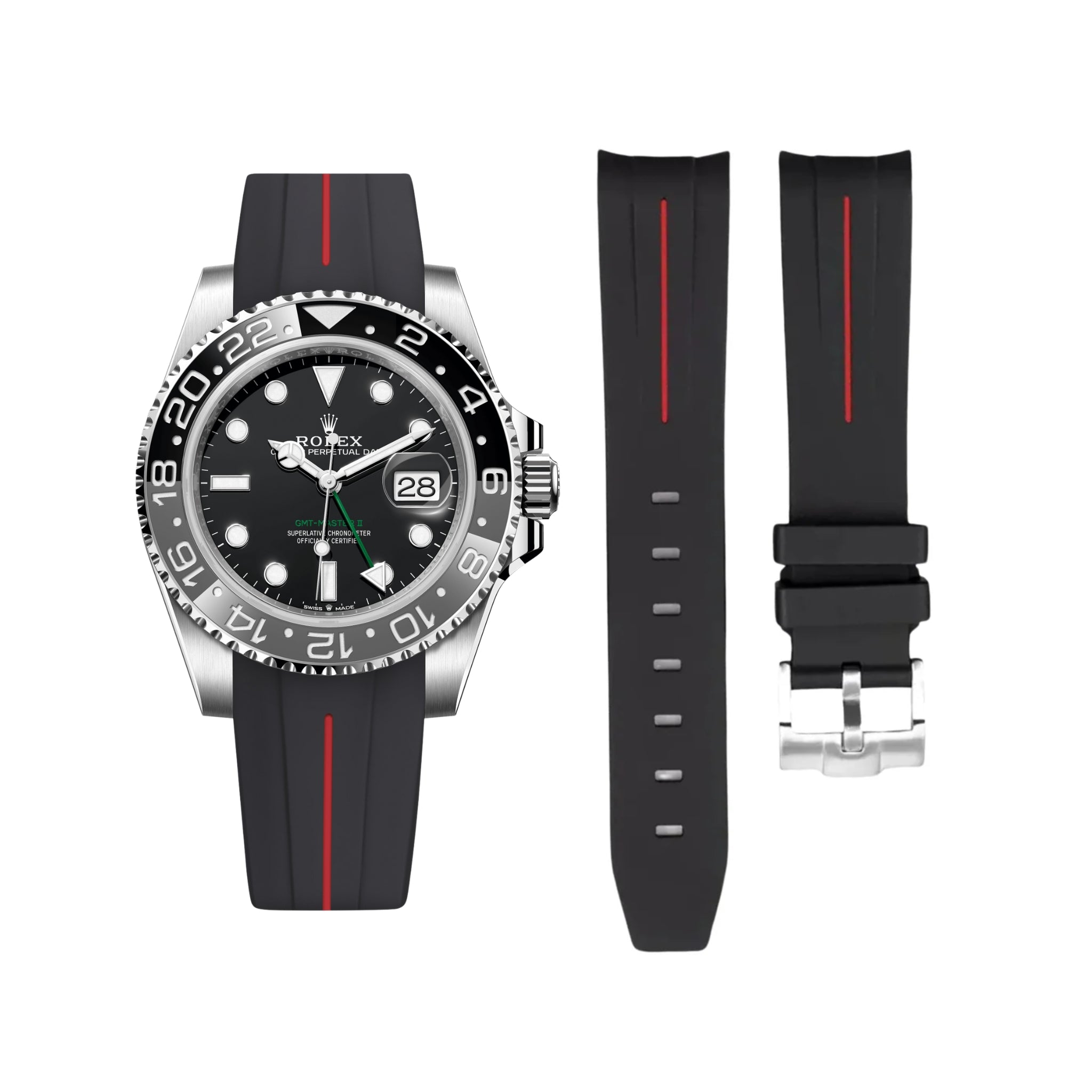 Rubber Strap - For Rolex GMT - Master II - Black w/Red Line | LuxLine® - Helvetus