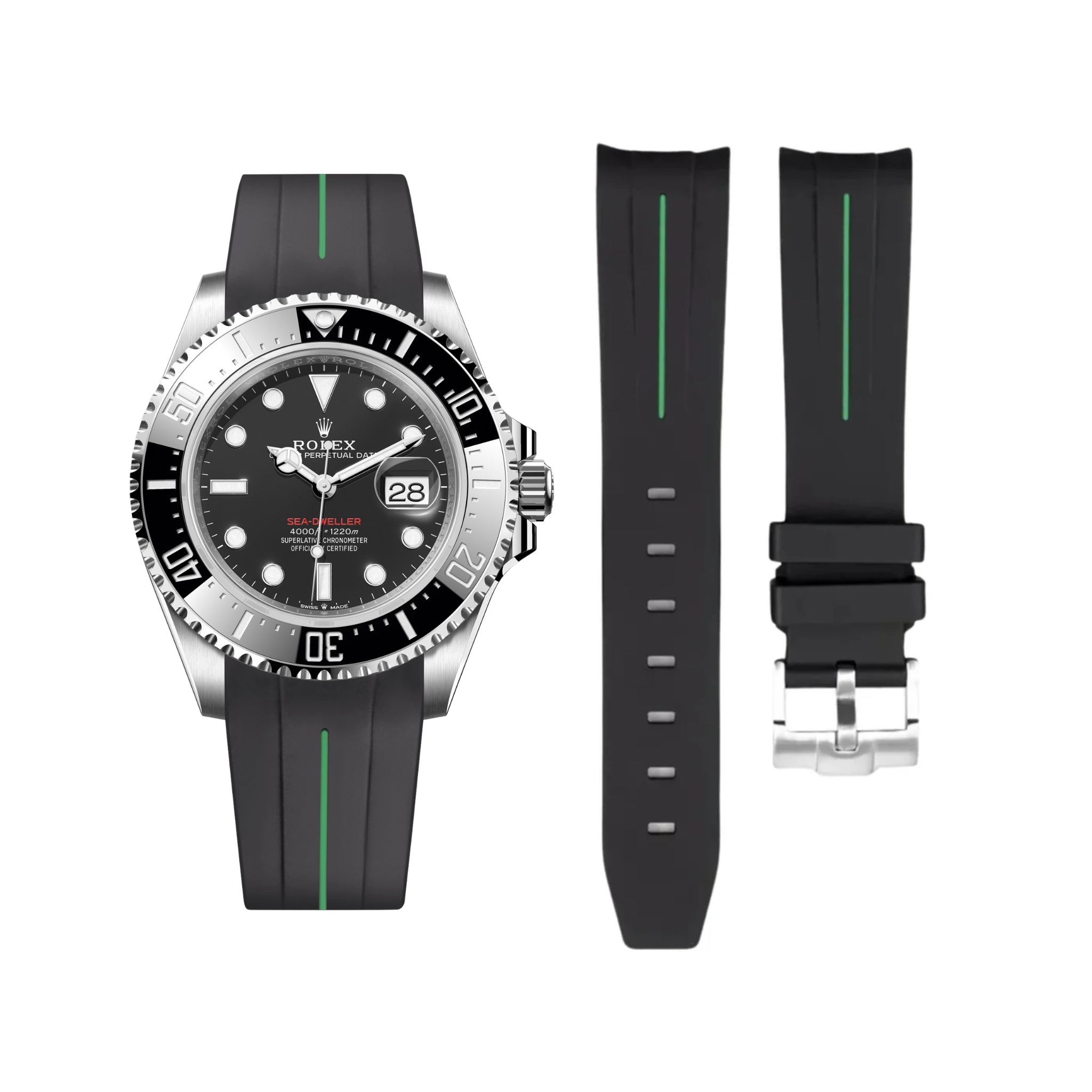 Rubber Strap - For Rolex Sea - Dweller - Black w/Green Line | LuxLine® - Helvetus