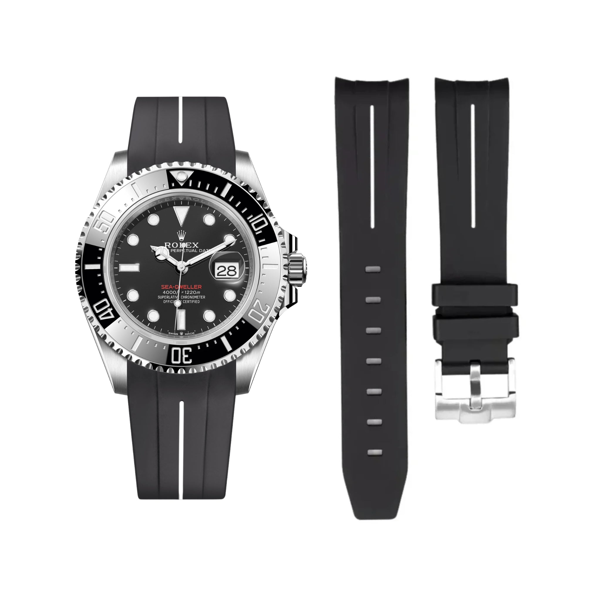 Rubber Strap - For Rolex Sea - Dweller - Black w/White Line | LuxLine® - Helvetus