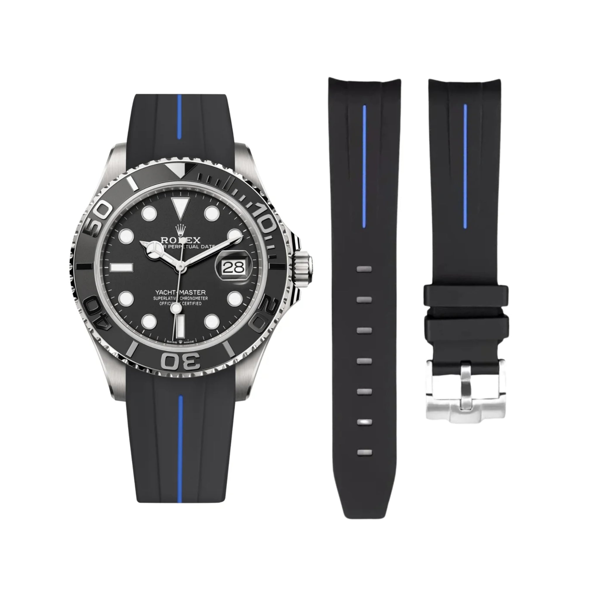 Rubber Strap - For Rolex Yacht - Master 40mm/42mm - Black w/Blue Line | LuxLine® - Helvetus