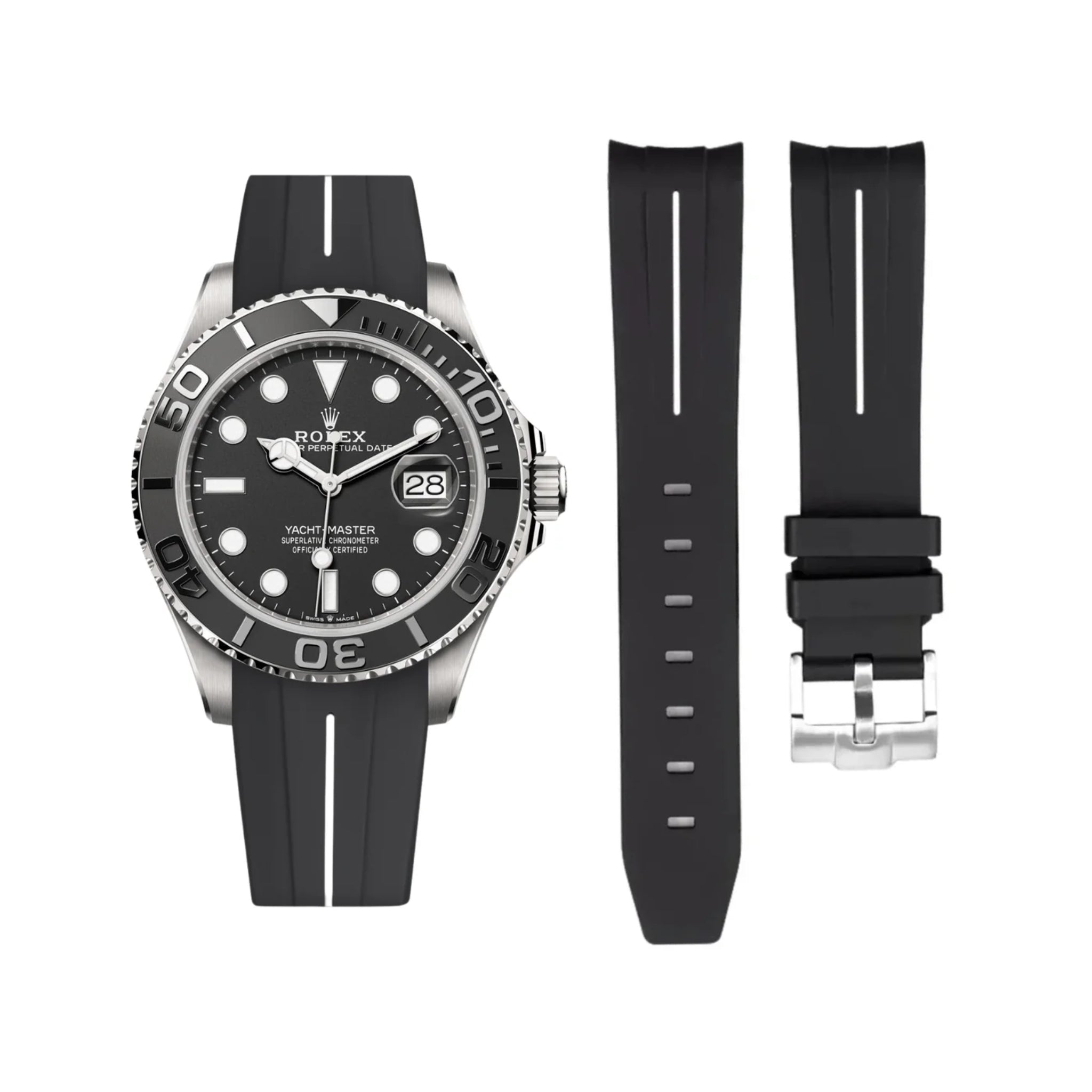 Rubber Strap - For Rolex Yacht - Master 40mm/42mm - Black w/White Line | LuxLine® - Helvetus