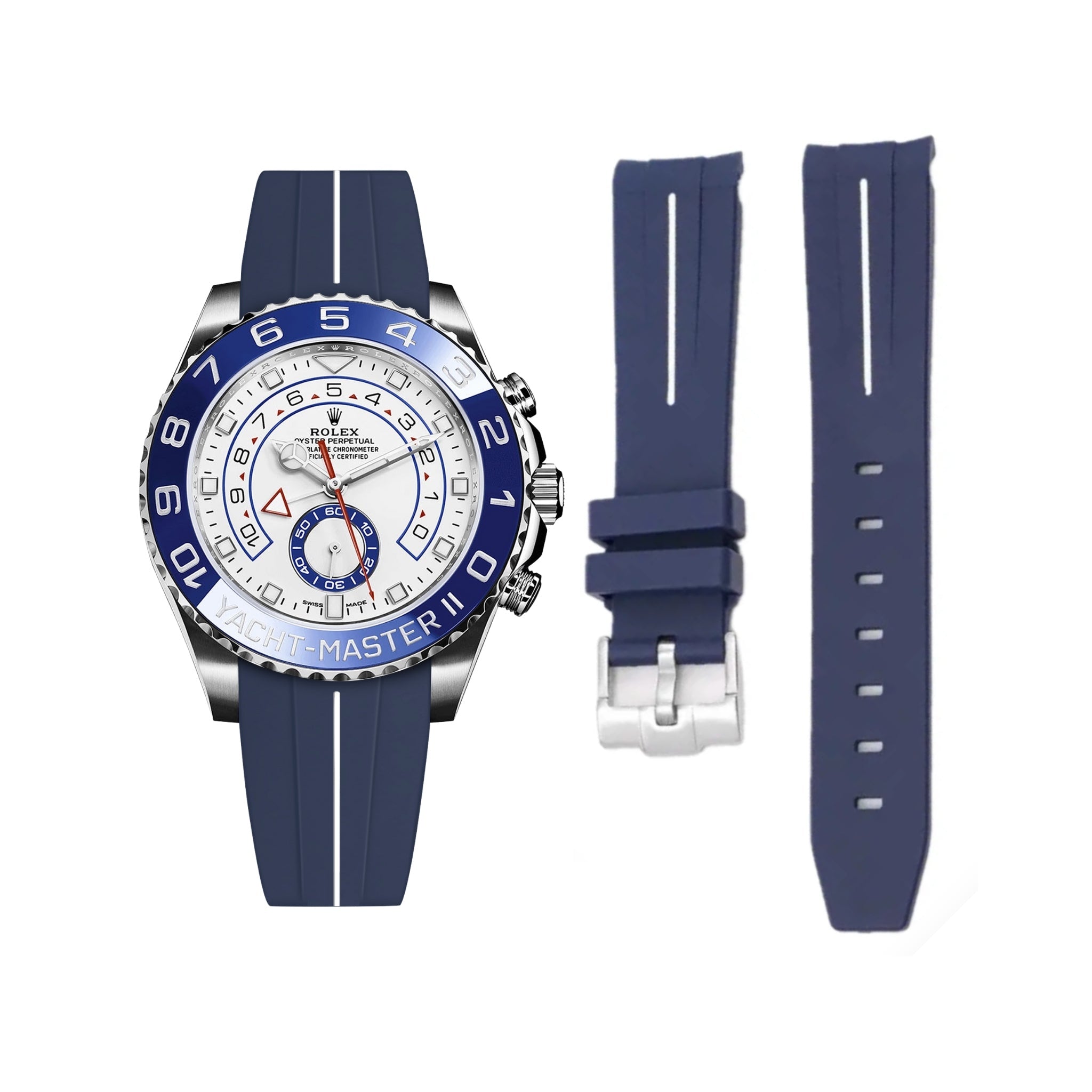 Rubber Strap - For Rolex Yacht - Master II - Navy Blue with White Line - Helvetus